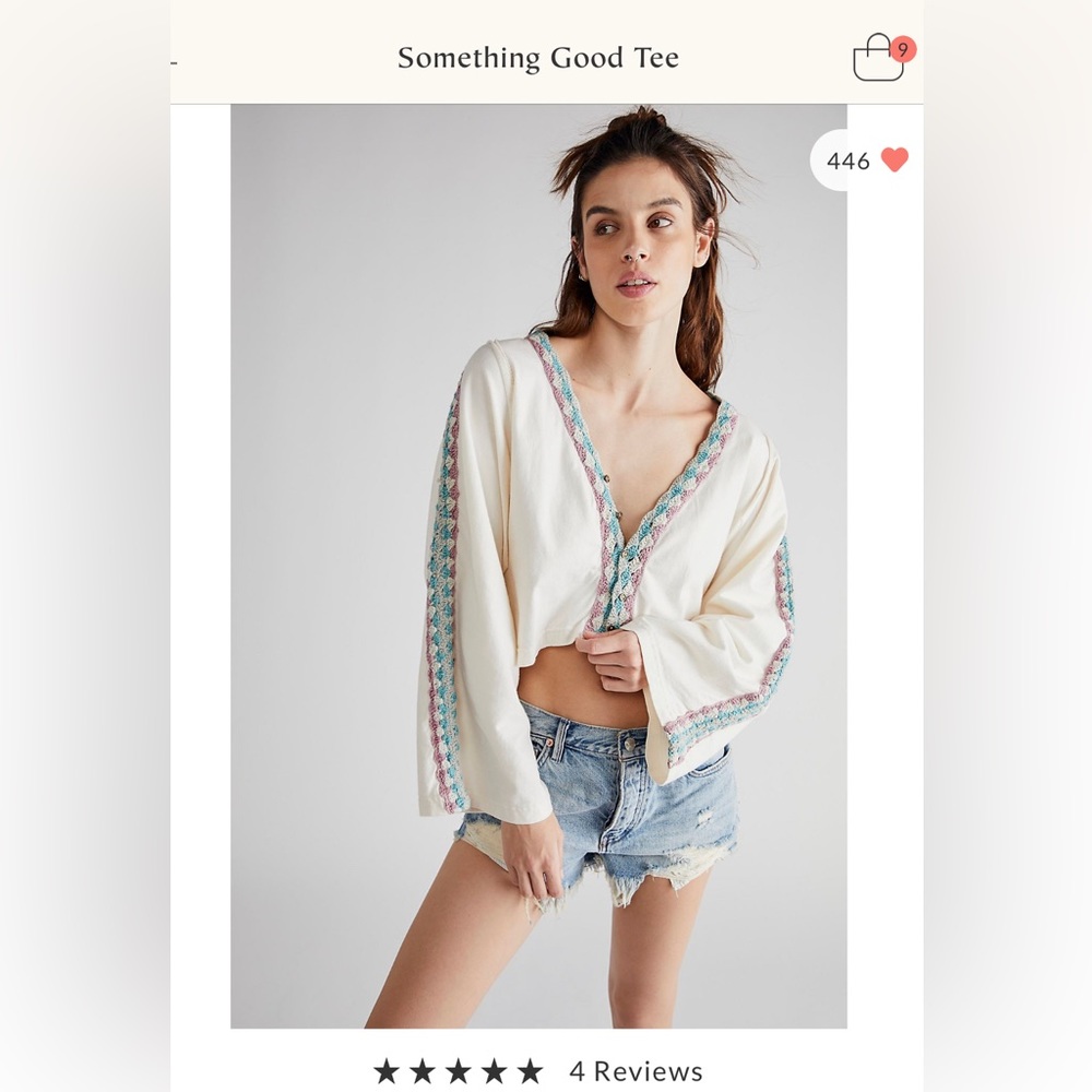 Free People Boho Crop Top Long Sleeve Boho Shirt, Size S, NEW with tags, Cream